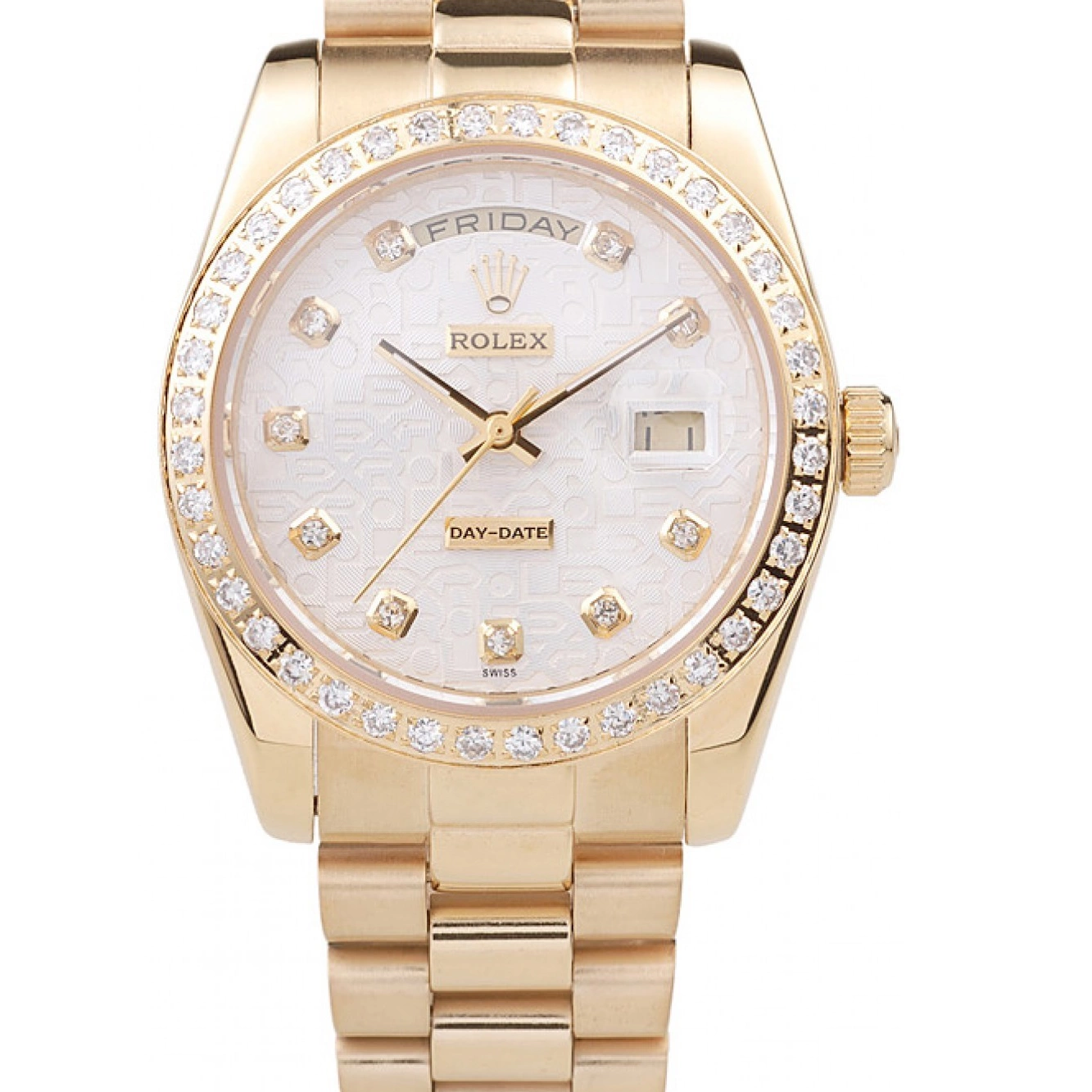 Aaa replica watch Day-Date Dial Gold White Plated Yellow Stainless 18k Rolex Steel 0709